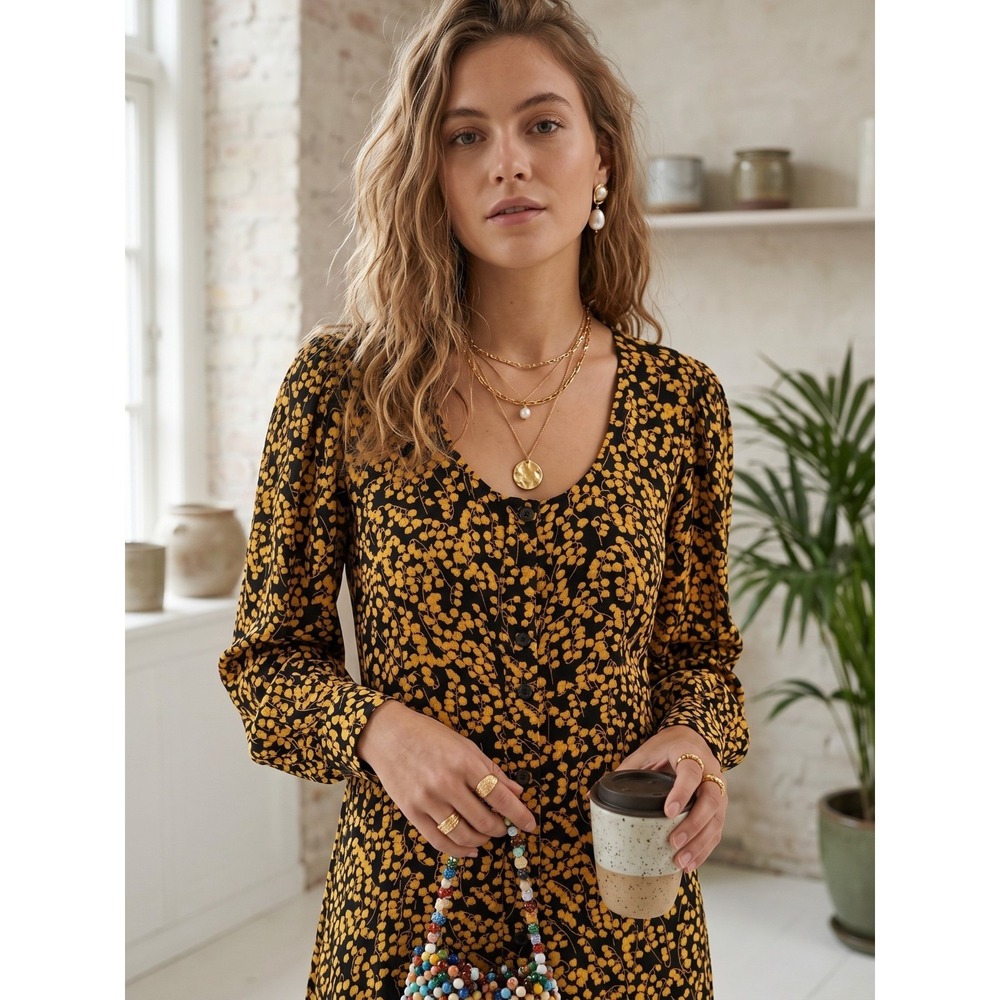 NWT GANNI Floral Crepe Button Front Maxi Dress Black/Yellow EU 36 (US 4) $280
